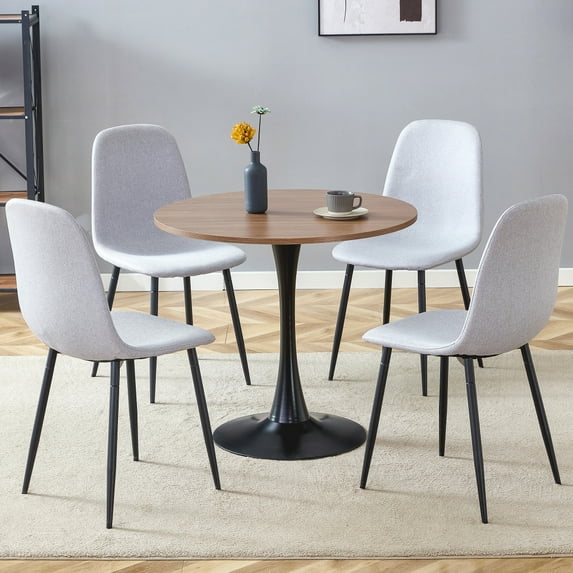 Table and chair set.31.9 Inch Hourglass-Shaped Small Round Table.Light Walnut Warm Design, Stable and Durable.Paired with 4 Light Gray Linen Fabric Chairs.Iron Pipe Spraying Chair Legs.