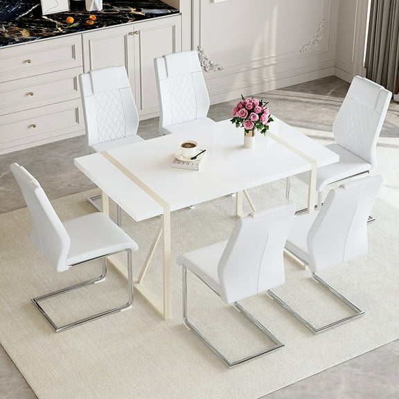Table and chair set.55"x31.4" Cream-Style White MDF Dining Table Set with 6 White Chairs With Silver Metal Legs.MDF Tabletop and metal frame legs.Adding a warm and gentle atmosphere to your family