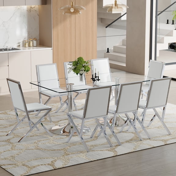 Table and chair set.71 x 35.4-inch tempered glass table,8 silver metal framed white PU dining chairs. Modern Kitchen Table & 8 Seater Dining Room Furniture Set for Family Gatherings.
