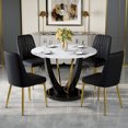 thumbnail image 1 of Table and chair set. A 42 Inch Diameter Round Tempered Glass Pandora marble patterned Dining Table - V-Shaped MDF Legs. Paired With 4 Black PU Chairs with Simple Line Designs On The Backrest., 1 of 6