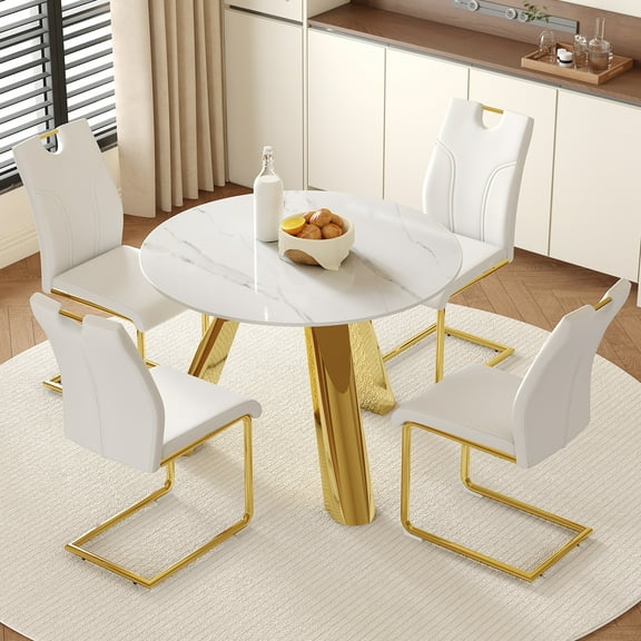 Table and chair set.A 42-inch stainless steel leg round table.Paired with 4 Uniquely designed White Dining Chairs With Golden Metal Leg.Snow Mountain White Texture Sintered Stone Tabletop.