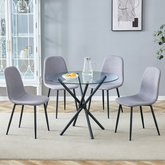Table and chair set.A Modern Transparent Tempered Glass Round Table With A Diameter Of 36.6 Inches With Black Metal Legs.Paired With 4 Light Gray Dining Chairs Made Of Linen Fabric 50007