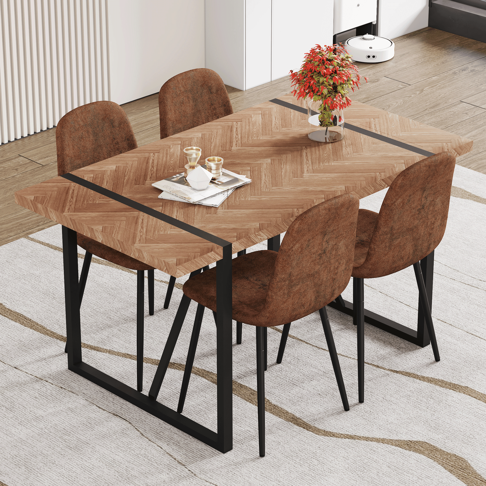 Table and chair set.A retro rectangular dining table with a wood color ...