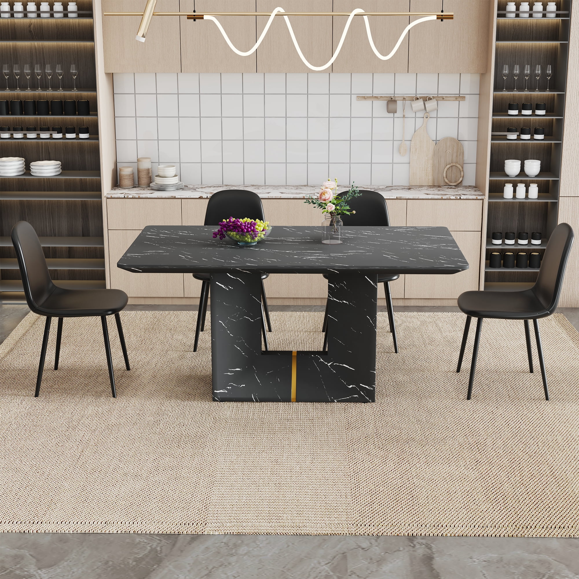 Table and chair set.Black Marble Pattern MDF Dining Table Set - 63"x35 ...