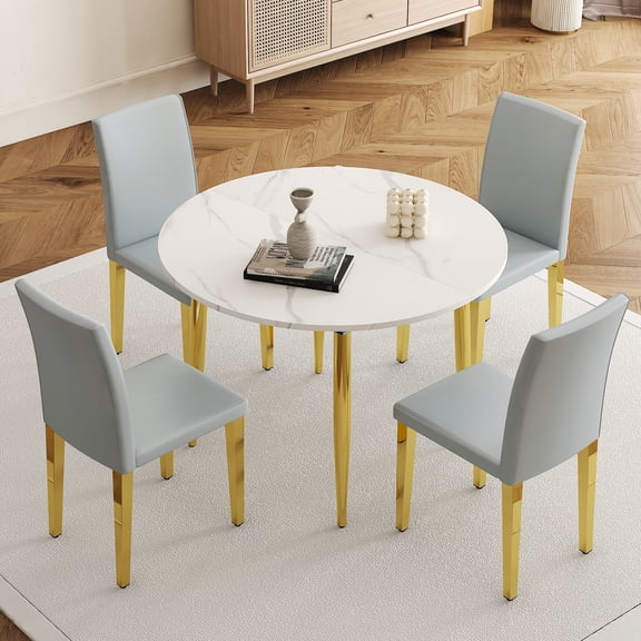Table and chair set.Extendable MDF Dining Table.Paired with 4 light gray PU dining chairs.The pull-out table is ideal for a wide range of families,suitable for gatherings of different size.
