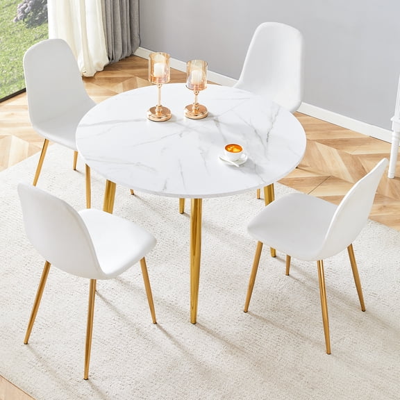 Table and chair set.Extendable MDF Dining Table.The pull-out table is ideal for a wide range of families,suitable for gatherings of different size.Paired with 4 White Chairs Made Of Linen Fabric.
