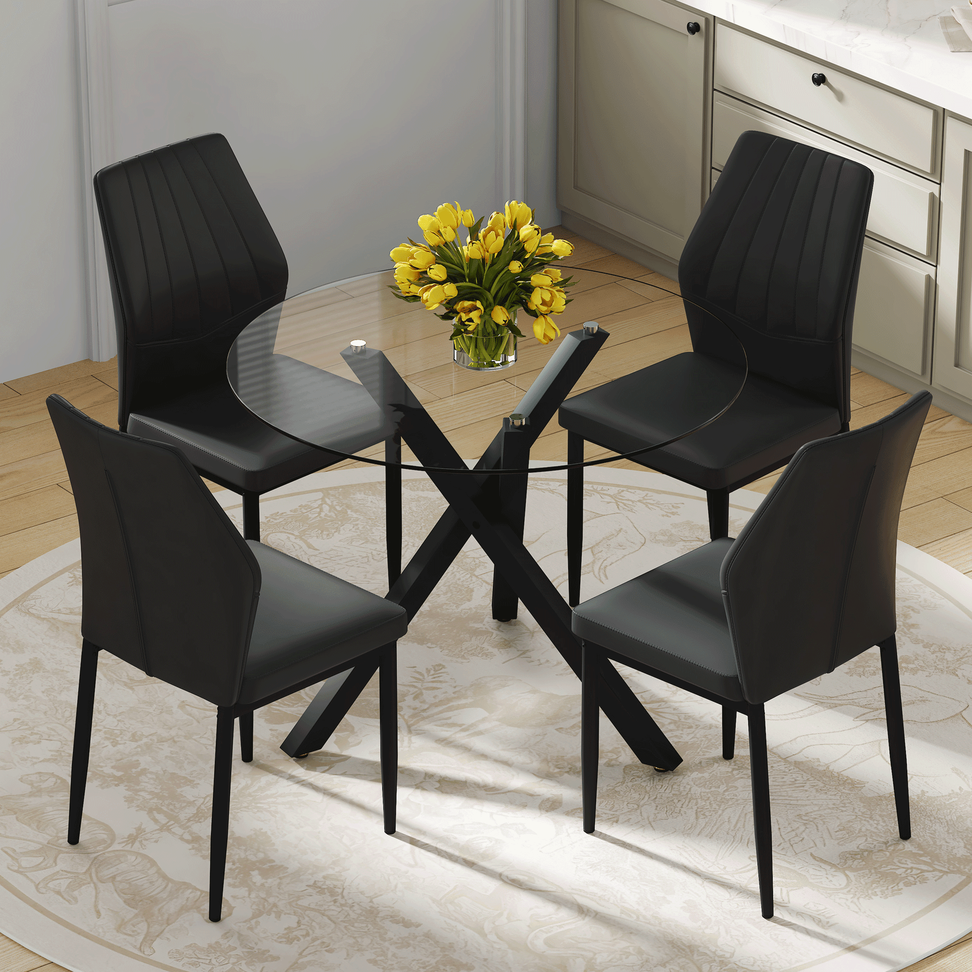 Table and chair set.Modern glass round table: 39 inch diameter, X ...