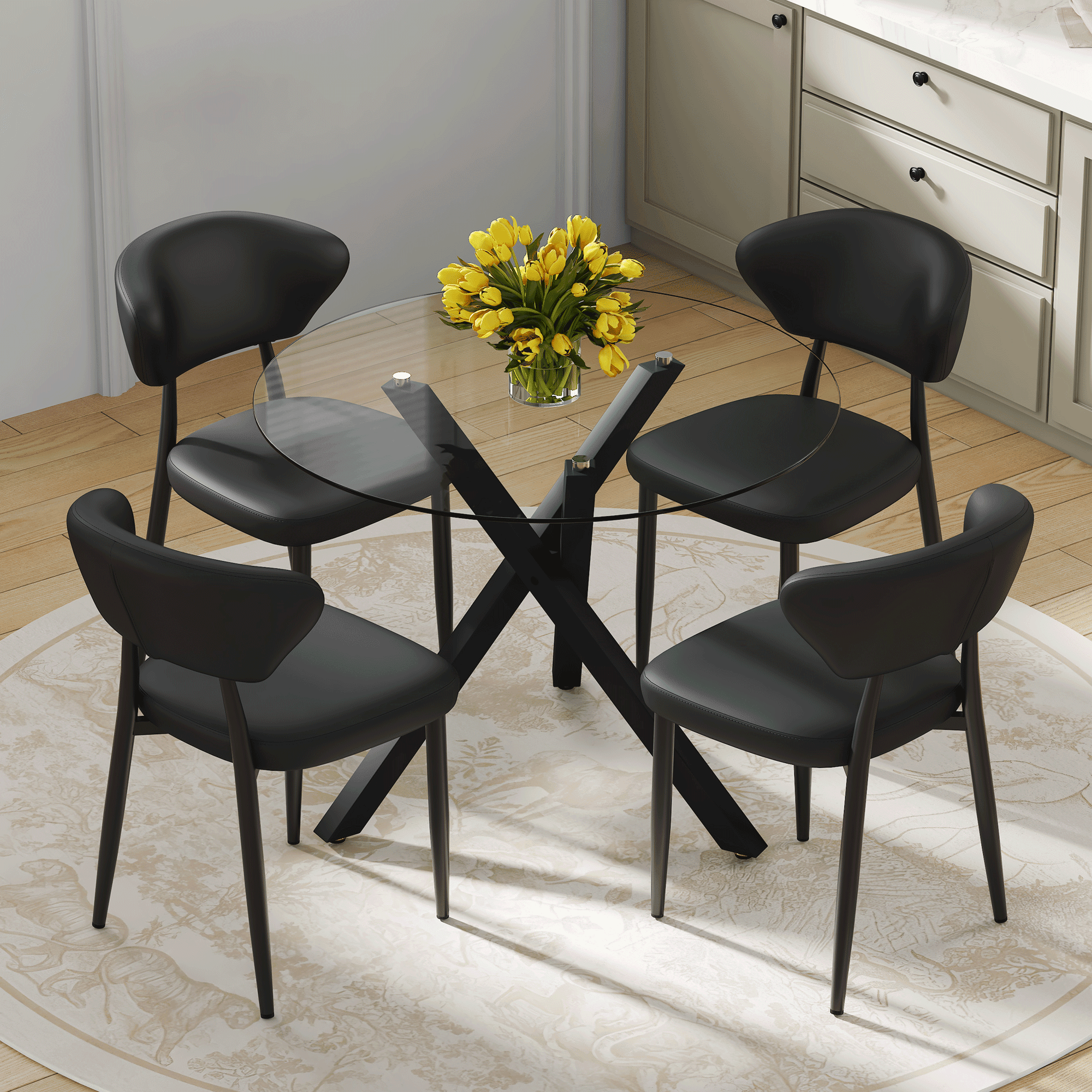 Table and chair set.Modern glass round table: 39 inch diameter, X ...