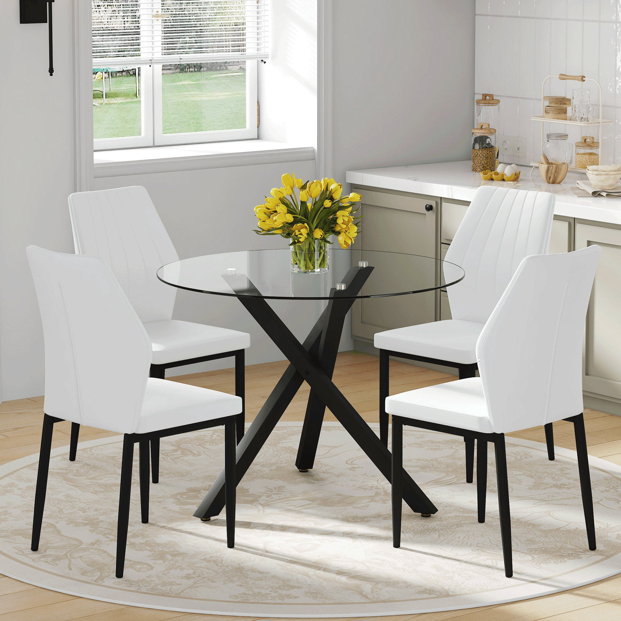 Table and chair set.Modern glass round table: 39 inch diameter, X ...