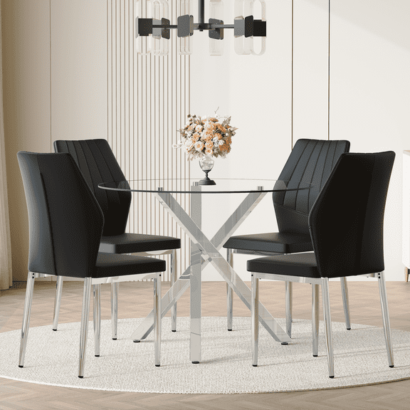 Table and chair set.Modern glass round table: 39 inch diameter, X-shaped silver metal bracket. Paired with 4 Black Chairs, 37 inches High: Ergonomic PU Backrest .Suitable for restaurants, kitchens. N