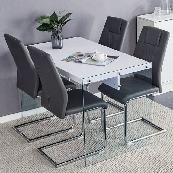 White MDF Coffee Table with Tempered Glass Legs and 4 Dark Gray PU Chairs