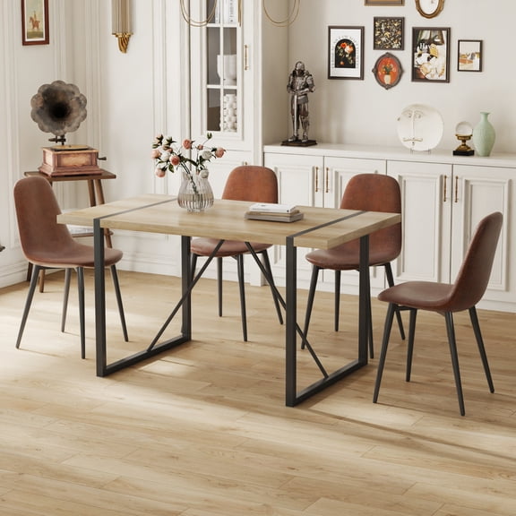 Table and chair set, upholstered side chairs in a modern medieval style, 4 dark grey dining chairs and a rustic industrial rectangular wood color MDF dining table.W1151S01858