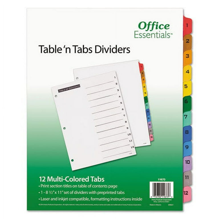 Table 'n Tabs Dividers, 12-Tab, 1 to 12, 11 x 8.5, White, Assorted Tabs, 1 Set Table 'n Tabs Dividers, 12-Tab, 1 to 12, 11 x 8.5, White, Assorted Tabs, 1 Set