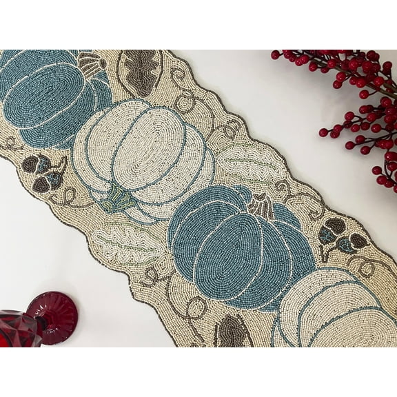 Table runner beaded handmade, blue white pumpkin harvest runner 13x36inch