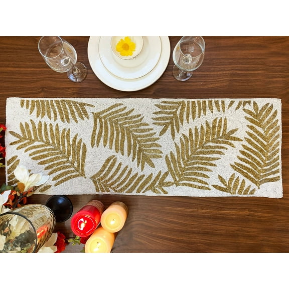 Table runner, handmade beaded table runner, gold leafs on white bead runner, 13x36inch