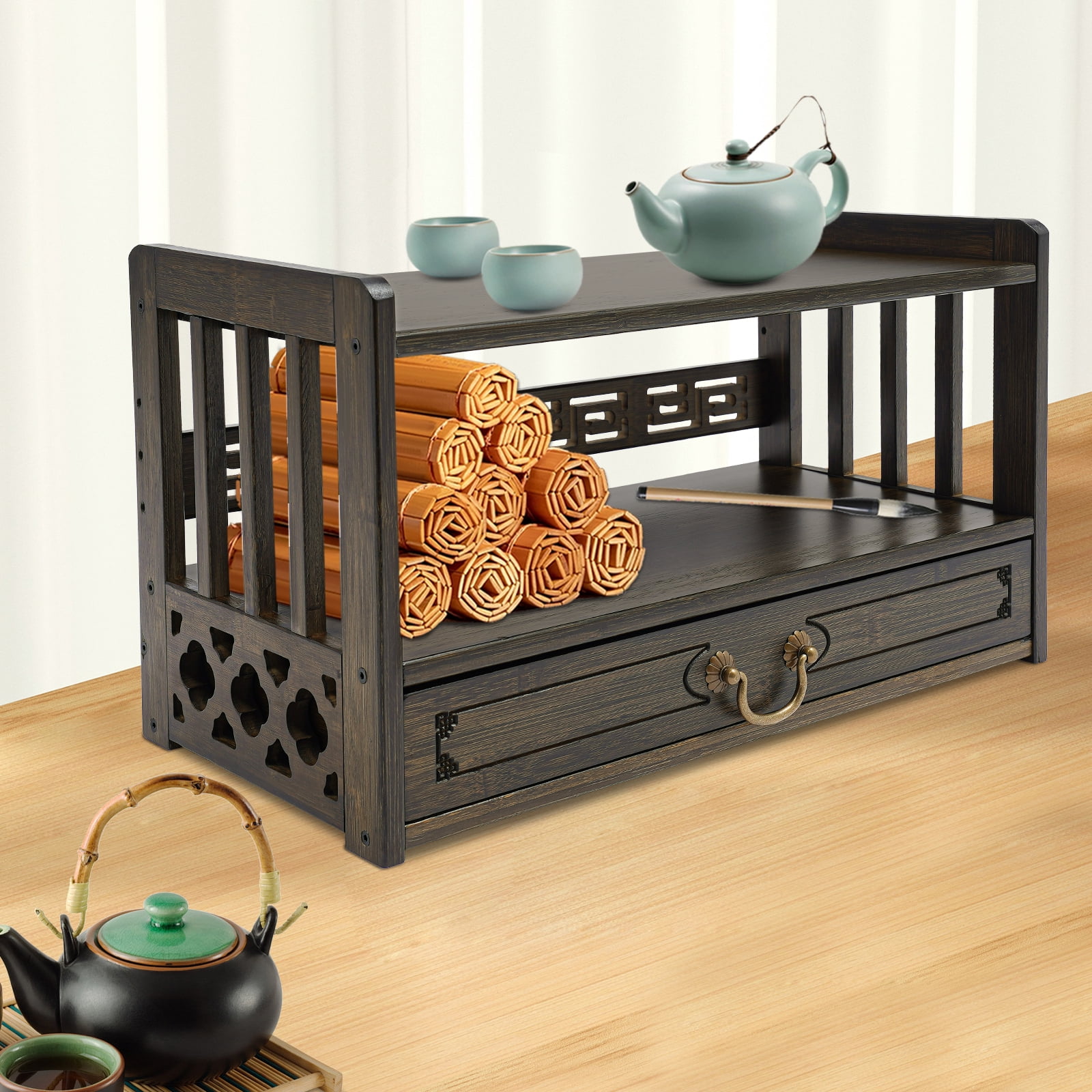 Table with Drawer, Floor Table for Prayers, Table Desktop Organizer Tatami Desk for Prayers Divination or Displaying Jars Plants Books (Walnut Color)