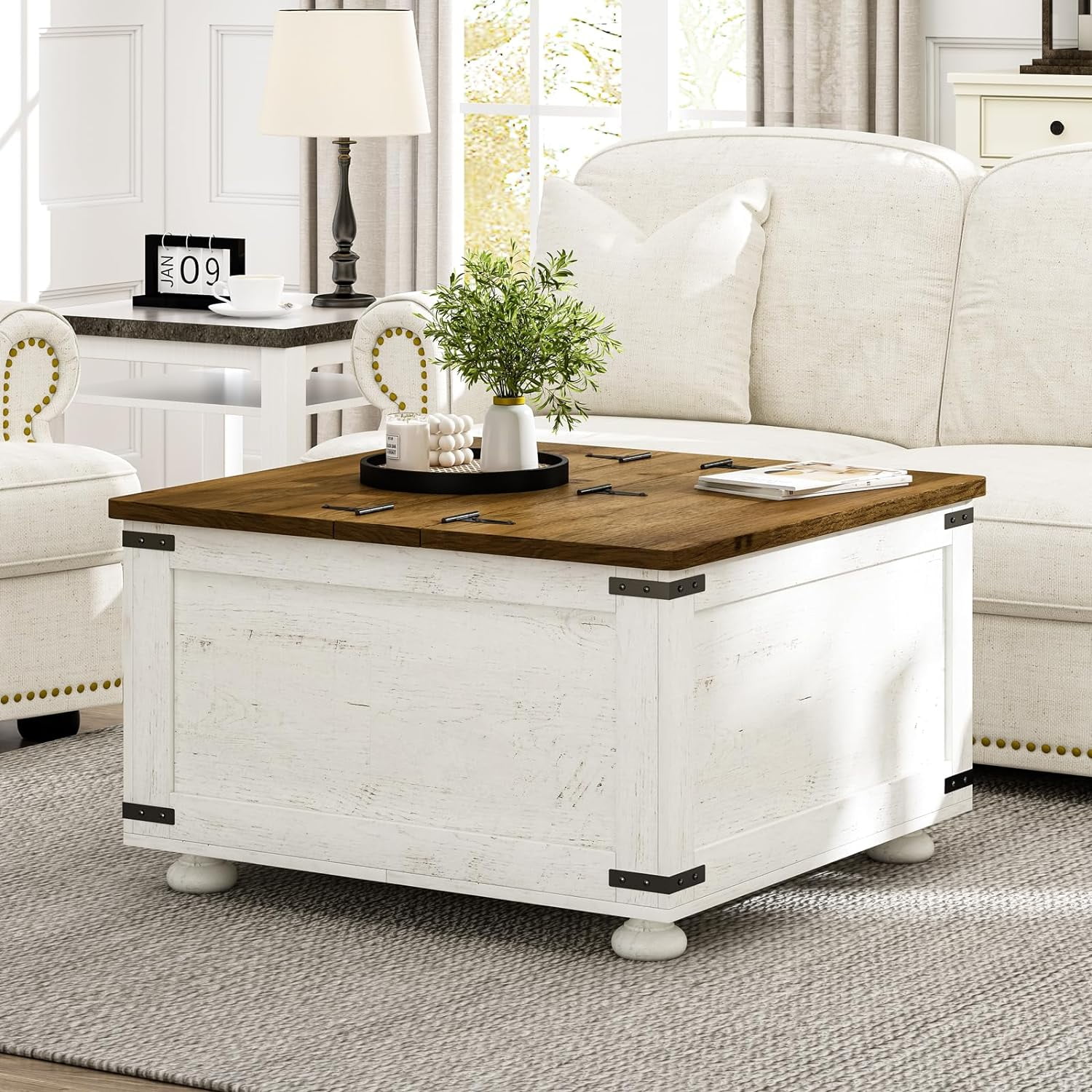 Table with Storage, White Square Coffee Table with Gas Struts Lift Top