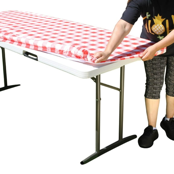 TableClothPLUS Checkerboard Red and White 72" Elastic Fitted Polyester Tablecloth, 6' Folding Table Size