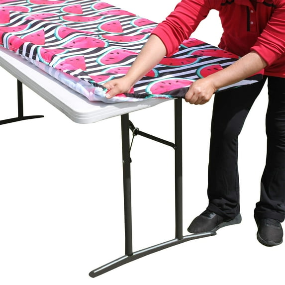 TableClothPLUS Watermelon 72" Elastic Fitted PEVA Vinyl Tablecloth, 6' Folding Table Size