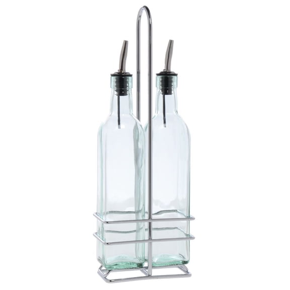 TableCraft 16 oz Square Green Tint Glass Oil And Vinegar Set With Silver Wire Caddy