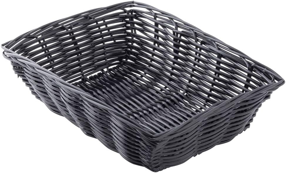 TableCraft 2471 Black Oval Woven Plastic Basket – Set Of 12, 7x5 Inches, For Rolls, Pastries, Crackers