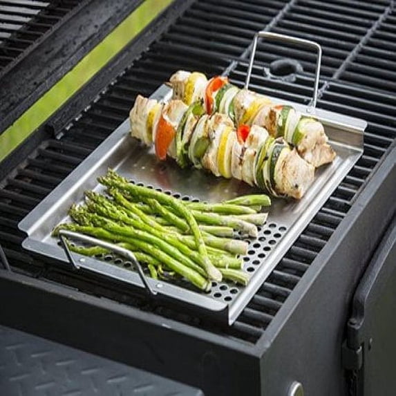 TableCraft BBQ2013 BBQ Rectangular Dual Surface Grilling Tray with Handles Stainless Steel, Silver, 18.75"