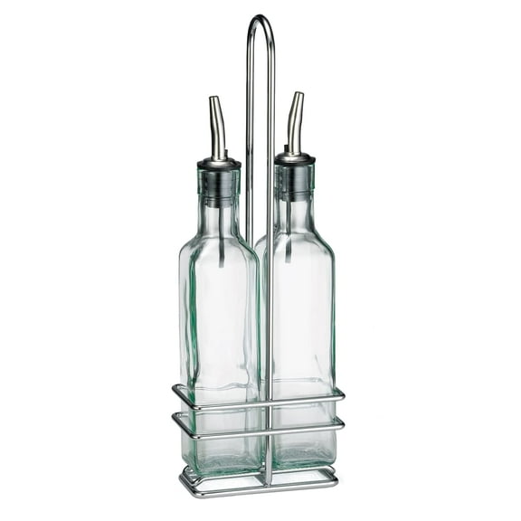 TableCraft Olive Oil Bottle Set With Two 8.5 Oz. Square Bottles/Chrome Rack