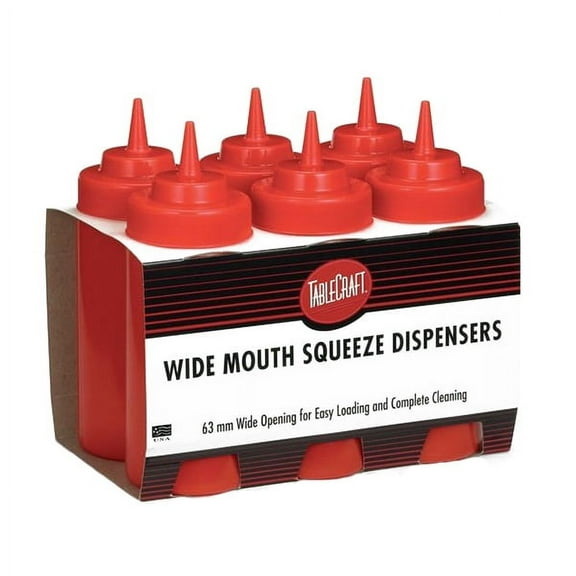 TableCraft Wide Mouth Squeeze Bottle Red, 24 oz., Plastic | 6/Pack