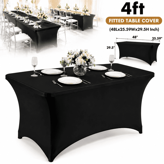 Tablecloth 1 Pack [4FT, Black] Tight, Fitted, Washable and Wrinkle Resistant Stretch Rectangular Patio Table Cover for Event, Wedding, Banquet & Parties [48Lx25.59Wx29.5H Inch]