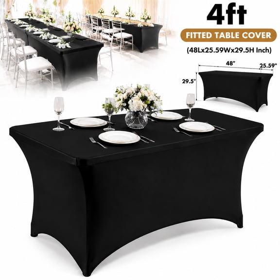 4FT Black Table Cloth - 1 Pack, Fitted Stretch Rectangle Spandex Tablecloth, Washable Table Cover for Party, Dining, Wedding, Banquet and Festival(48Lx25.59Wx29.5H Inch)