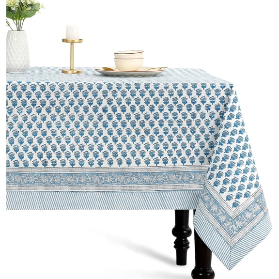 Tablecloth 100% Cotton Indian Block Print Square Table Cover, Table Cloth for Weddings, Spring/Summer, Barbeque - Apatite Blue