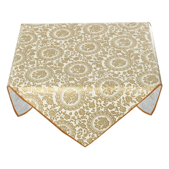 Unique Bargains Vinyl Square Tablecloth Gold Tone Flower Print 24" x 24"