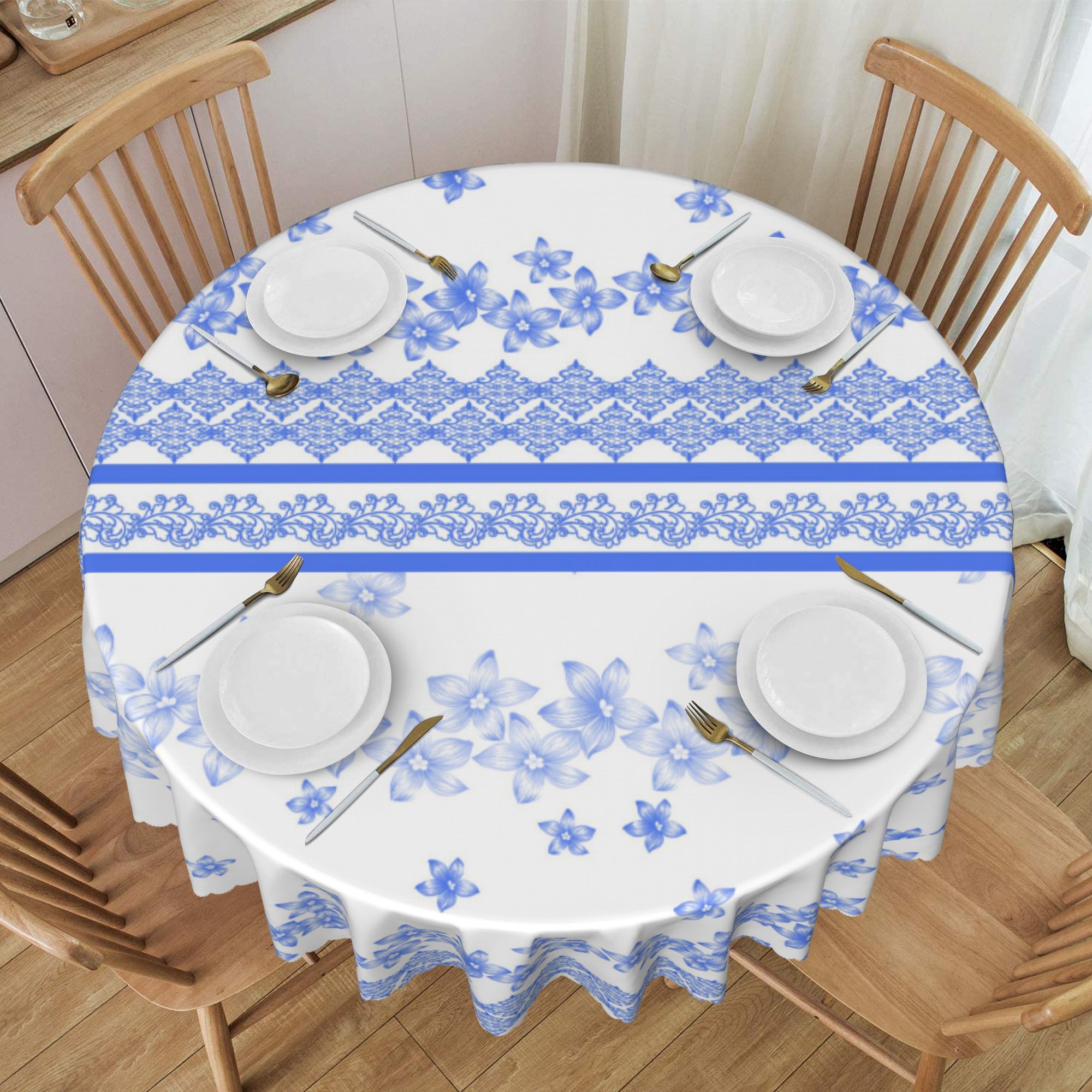 Tablecloth Blue And White Floral Background Table Cloth For Circular ...