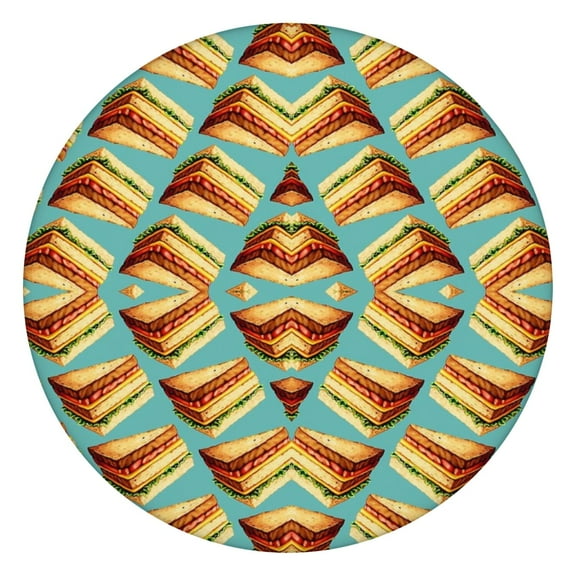 Tablecloth Burger Junk Food Pattern Hamburger Sandwich Breakfast Theme Waterproof Round Cover with Elastic Fit for Dining