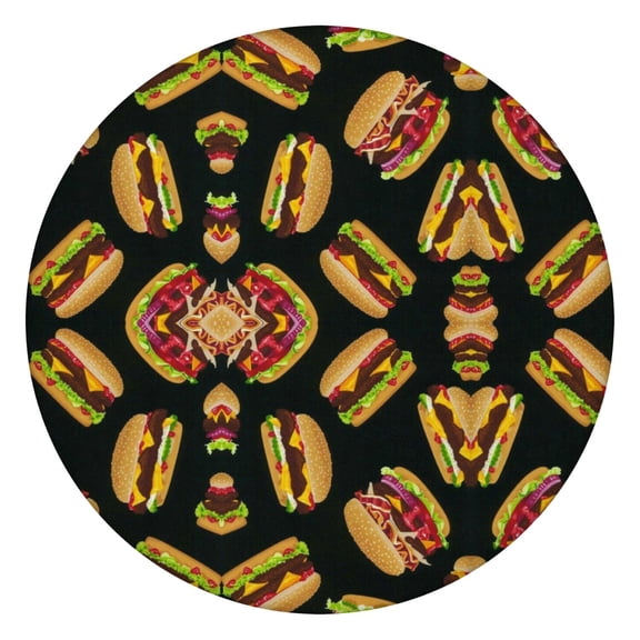 Tablecloth Burger Junk Food Pattern Hamburger Sandwich Breakfast Theme Waterproof Round Cover with Elastic Fit for Dining