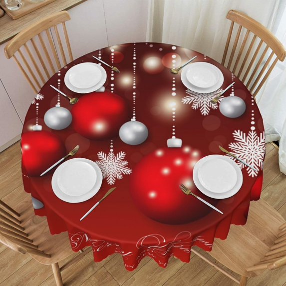 Tablecloth Christmas Red Glitter Snowflake Ball Round 60 x 60 Inch Table Cover Polyester Stain and Wrinkle Resistant Table Cloth for Kitchen Dining Coffee Party