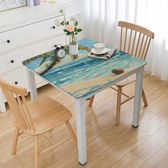 Tablecloth with Elastic Edge, Square Fitted Table Cloth, Wipeable Table Cover for Indoor Party Kitchen Dinner Fits Diameter Square Table, Summer Beach Painting