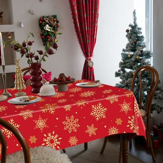 Tablecloth Fancy Metallic Snowflake Christmas Plastic Table Cloth 53.9 x 107.8 Inch Rectangle Hunter Gold No-Iron Soil Resistant Sparkling Snowflakes Woven Holiday Table Cover