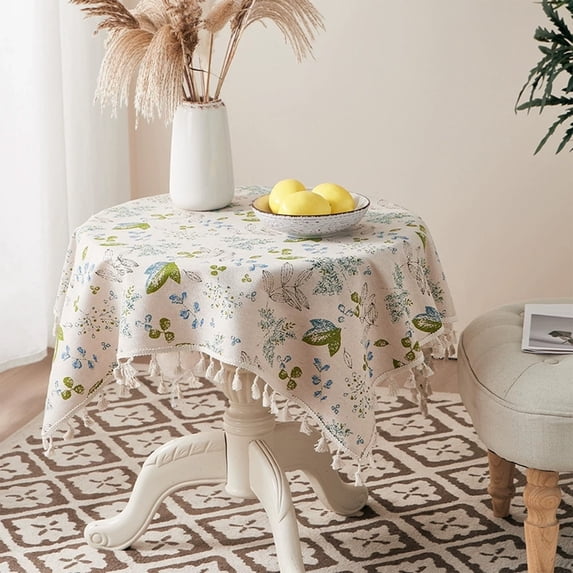 Tablecloth Floral Print Cotton Linen with Tassel Embroidery Heat Insulation for Coffee Dining Table, 35.4x35.4 Inch