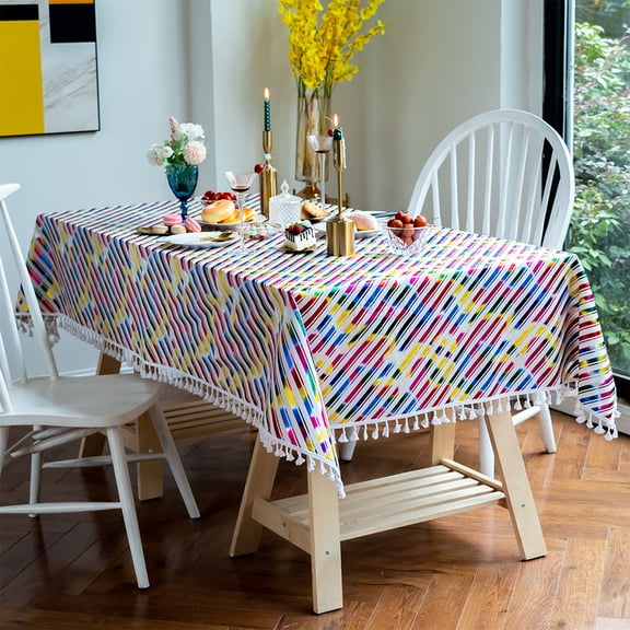 Tablecloth For Rectangle Table,Rainbow Striped Table Cover With Tassel For Christmas Party Birthday -Multi-color-140x140cm(55x55in)