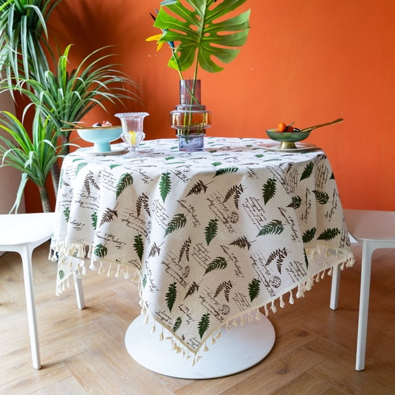 Tablecloth For Round Table,Green Leaf Print Table Protector with Tassel Cotton Linen Table Cover