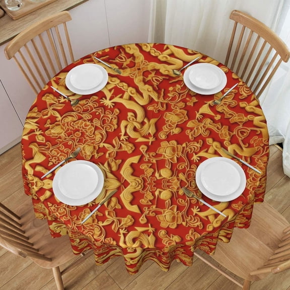 Tablecloth Fragment Of Red Chinese Silk Round Printed Table Cloth For Parties Camping Picnic Banquet Indoor & Outdoor Use - 60 Inches