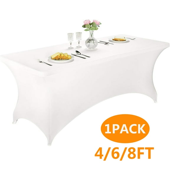 Tablecloth,Hengu 1 Pack 4FT White Table Cloth, Tight, Fitted, Washable and Wrinkle Resistant Stretch Rectangular Patio Table Cover for Event, Wedding, Banquet & Parties