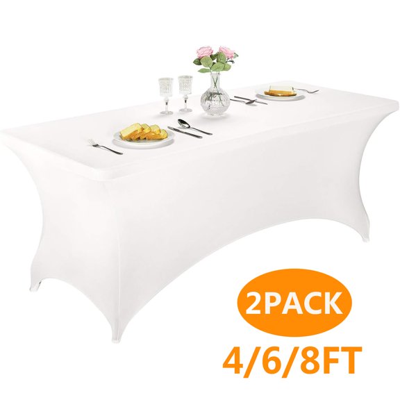 Tablecloth,Hengu 2 Pack 8FT White Table Cloth, Tight, Fitted, Washable and Wrinkle Resistant Stretch Rectangular Patio Table Cover for Event, Wedding, Banquet & Parties