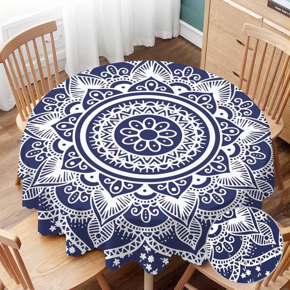 Tablecloth Mandala Pattern Tablecloths 60" Diameter Round Blue and White Decorative Round Unusual Flower Shape Line Ornament Tablecloths for Dining Kitchen Wedding and Parties