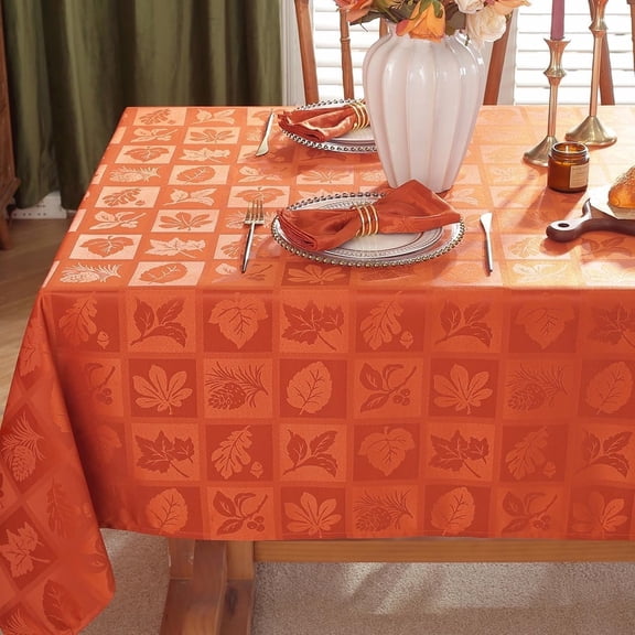 Tablecloth Maple Leaves Jacquard Waterproof Washable Heavy Weight Damask Table Cloth, Plaid Table Cover for Fall, Thanksgiving, Autumn, Harvest, Party, Amber