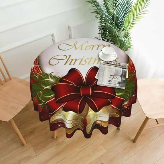Tablecloth Merry Christmas Bell Snowflake Round 60 x 60 Inch Table Cover Polyester Stain and Wrinkle Resistant Table Cloth for Kitchen Dining Coffee Party