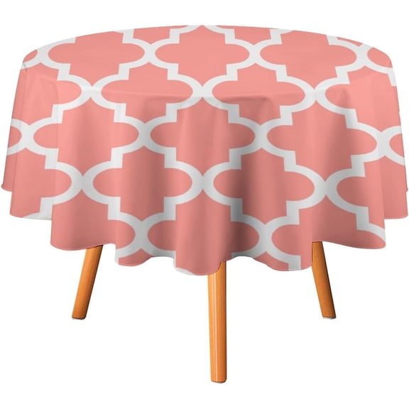 Tablecloth Modern Coral White Quatrefoil Pattern Table Cover 70inch Round Washable Table Cloth for Kitchen Dinning Party Tabletop Modern Decoration