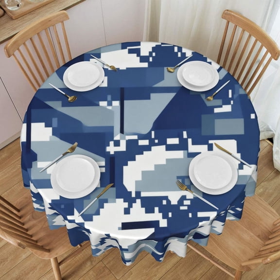 Tablecloth Navy Blue Digital Camouflage Round Printed Table Cloth For Parties Camping Picnic Banquet Indoor & Outdoor Use - 60 Inches