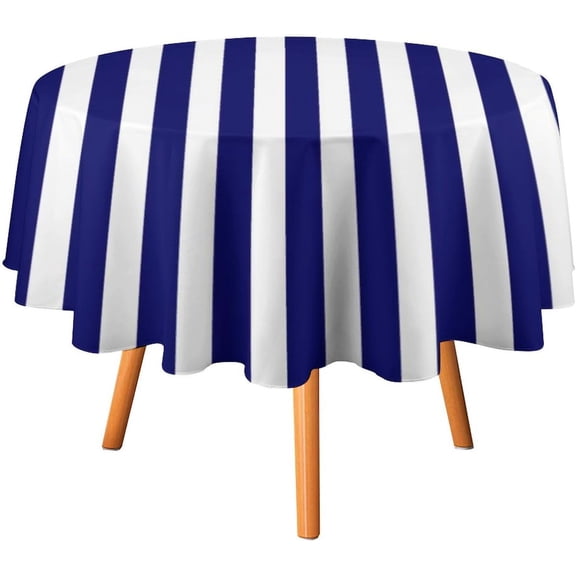 Tablecloth Navy Blue and White Candy Stripes Table Cover 70inch Round Washable Table Cloth for Kitchen Dinning Party Tabletop Modern Decoration